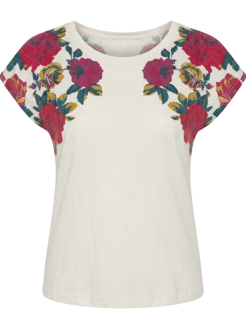 Anthropologie Floral Shoulder Print Tee - Cream with Pink Roses